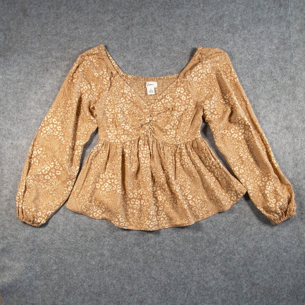 Neutral Leopard Animal Print Sweetheart Peplum Blouse Smocked Waist Small